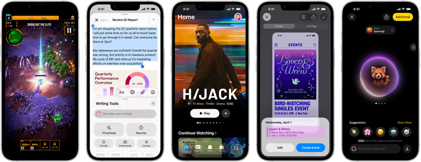 iPhone 17e-devices naast elkaar met verschillende schermen: een game die wordt gespeeld, Schrijfhulp, Apple TV-app, een agenda-activiteit wordt aangemaakt, een Genmoji wordt gemaakt