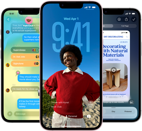 Drie iPhone 17e-devices met daarop de Berichten-app met Liquid Glass-design, een dynamisch Toegangsscherm en Apple Intelligence in gebruik