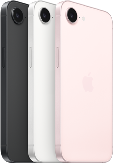 iPhone 17e, zijkant en achterkant, kleur zwart, zijkant en achterkant, kleur wit, zijkant en achterkant, kleur zachtroze, Fusion-camera aan de bovenkant, zijknop