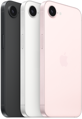 iPhone 17e, zijkant en achterkant, kleur zwart, zijkant en achterkant, kleur wit, zijkant en achterkant, kleur zachtroze, Fusion-camera aan de bovenkant, zijknop