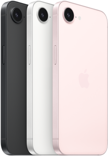 iPhone 17e, zijkant en achterkant, kleur zwart, zijkant en achterkant, kleur wit, zijkant en achterkant, kleur zachtroze, Fusion-camera aan de bovenkant, zijknop