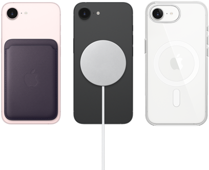 iPhone 17e in de kleur zachtroze met FineWoven-kaarthouder in de kleur middernachtpaars, iPhone 17e in de kleur zwart met siliconenhoesje in de kleur zwart en MagSafe-oplader, iPhone 17e in de kleur wit met doorzichtig hoesje met MagSafe