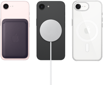 iPhone 17e in de kleur zachtroze met FineWoven-kaarthouder in de kleur middernachtpaars, iPhone 17e in de kleur zwart met siliconenhoesje in de kleur zwart en MagSafe-oplader, iPhone 17e in de kleur wit met doorzichtig hoesje met MagSafe