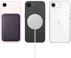 iPhone 17e, achterkant, kleur zachtroze, FineWoven-kaarthouder met MagSafe eraan vast, iPhone 17e, achterkant, kleur zwart, MagSafe-oplader eraan vast, iPhone 17e, achterkant, kleur wit, doorzichtig hoesje met MagSafe eraan vast