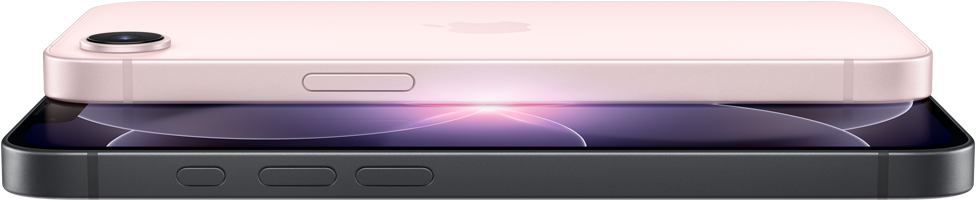 iPhone 17e, zijkant en achterkant in horizontale stand, kleur zachtroze, iPhone 17e, zijkant en voorkant in horizontale stand, kleur zwart