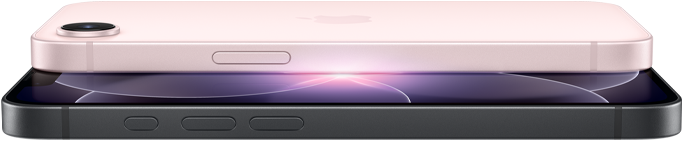 iPhone 17e, zijkant en achterkant in horizontale stand, kleur zachtroze, iPhone 17e, zijkant en voorkant in horizontale stand, kleur zwart
