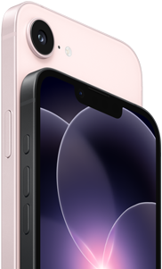 iPhone 17e, zijkant en achterkant in horizontale stand, kleur zachtroze, iPhone 17e, zijkant en voorkant in horizontale stand, kleur zwart