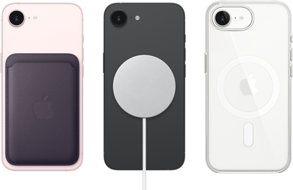 iPhone 17e, achterkant, kleur zachtroze, FineWoven-kaarthouder met MagSafe eraan vast, iPhone 17e, achterkant, kleur zwart, MagSafe-oplader eraan vast, iPhone 17e, achterkant, kleur wit, doorzichtig hoesje met MagSafe eraan vast