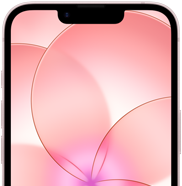 Gedeeltelijk vooraanzicht van iPhone 17e, met Ceramic Shield 2, kleur zachtroze, met op het scherm een achtergrond met een roze bloem