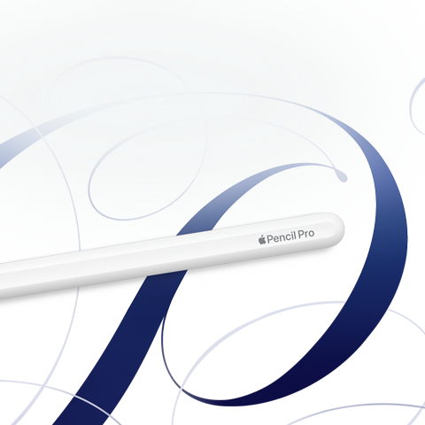 Apple Pencil Pro, wit, afgebeeld tegen een witte achtergrond met blauwe krullen