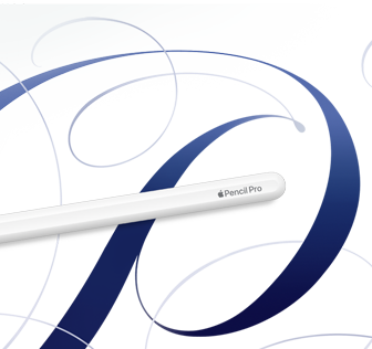 Apple Pencil Pro, wit, afgebeeld tegen een witte achtergrond met blauwe krullen