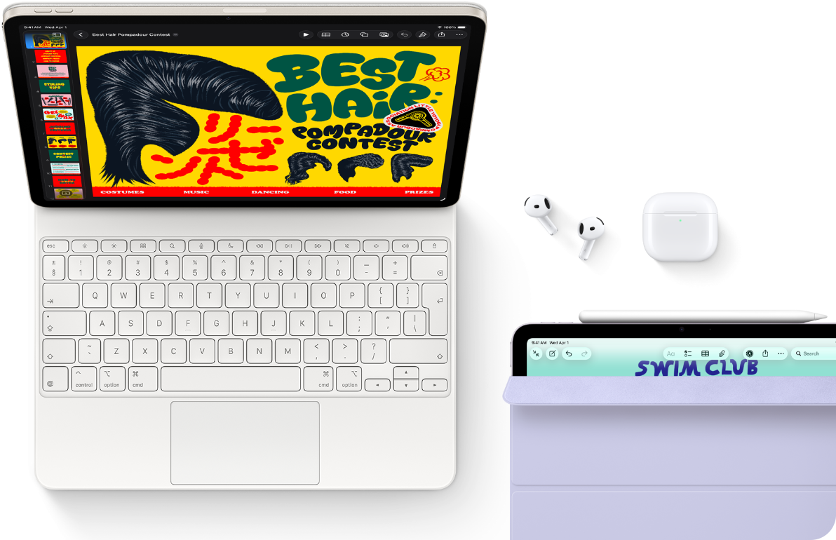 iPad Air, kleur Sterrenlicht, kleurrijke graphics op het scherm, bevestigd aan Magic Keyboard, AirPods Pro en Apple Pencil Pro-accessoires