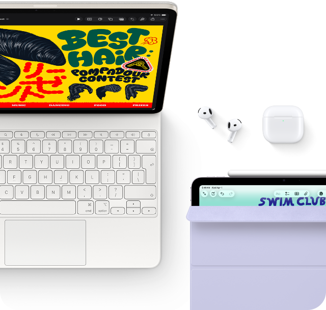 iPad Air, kleur Sterrenlicht, kleurrijke graphics op het scherm, bevestigd aan Magic Keyboard, AirPods Pro en Apple Pencil Pro-accessoires