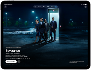 iPad Air, voorkant, op het scherm is ‘Severance’ te zien in de Apple TV-app