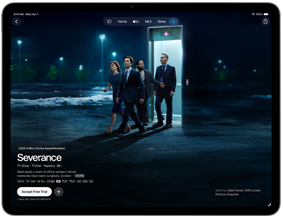 iPad Air, voorkant, op het scherm is ‘Severance’ te zien in de Apple TV-app