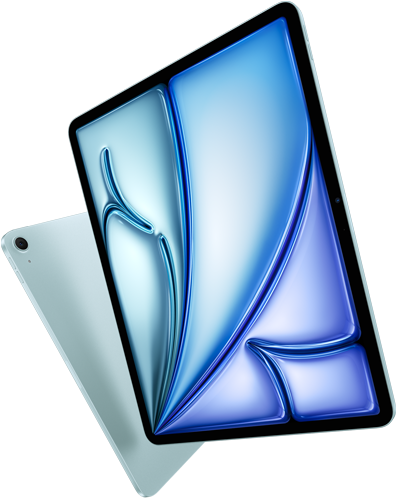 Schuin vooraanzicht van 13‑inch iPad Air, kleurrijke afbeelding op display, achteraanzicht van 11‑inch iPad Air met 12-MP Groothoekcamera aan de achterkant