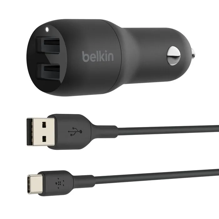 Belkin BoostCharge Dual USB-A Car Charger + USB-C Cable 24W
