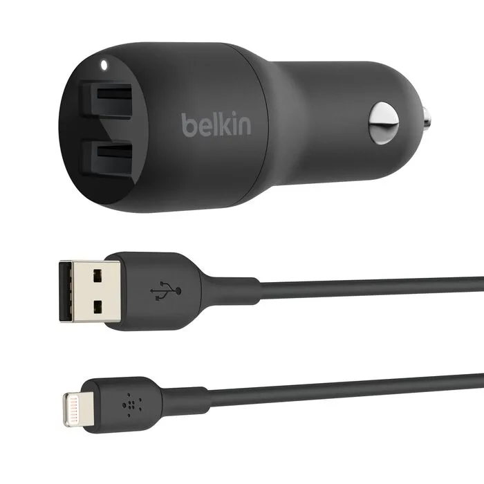 Belkin BoostCharge Dual USB-A Car Charger + Lightning Cable 24W